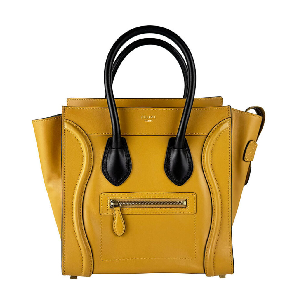 Celine Luggage Micro Shopper Leather Handbag, Yellow/Black, Women's, z10805